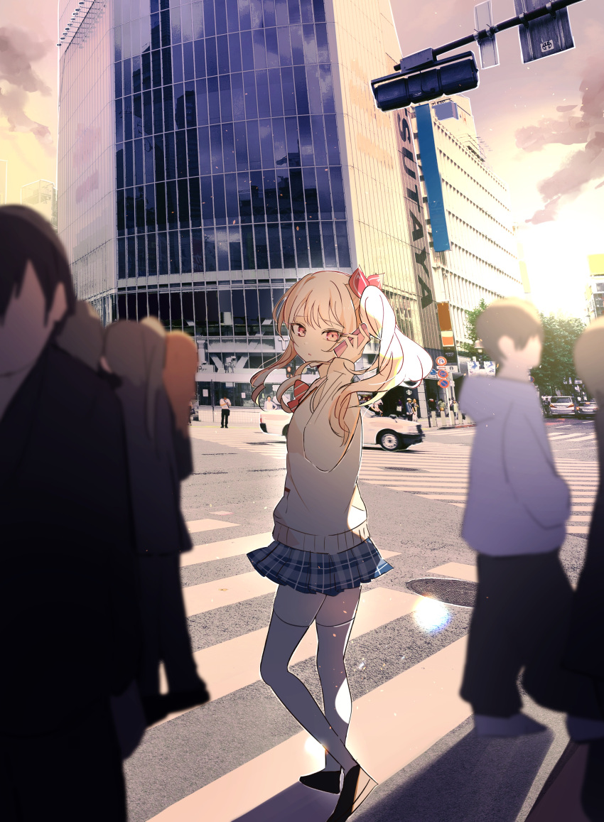 1other absurdres akiyama_mizuki building car closed_mouth commentary_request crosswalk diagonal-striped_bowtie full_body hand_up highres holding holding_phone hood hood_down hoodie kamiyama_high_school_uniform_(project_sekai) long_hair long_sleeves looking_at_viewer motor_vehicle outdoors phone pink_eyes pink_hair plaid plaid_skirt project_sekai road school_uniform side_ponytail sidelocks sign skirt solo_focus standing street talking_on_phone thighhighs traffic_light utakapen white_thighhighs