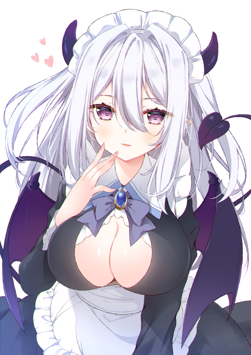 1girl absurdres apron black_dress blue_bow blush bow breasts brooch cleavage cleavage_cutout clothing_cutout collared_dress commentary_request demon_girl demon_horns demon_tail demon_wings dress frilled_apron frills grey_hair hair_intakes hand_up heart highres horns jewelry ko_yu large_breasts looking_at_viewer maid maid_headdress original parted_lips purple_wings simple_background solo tail white_background wings