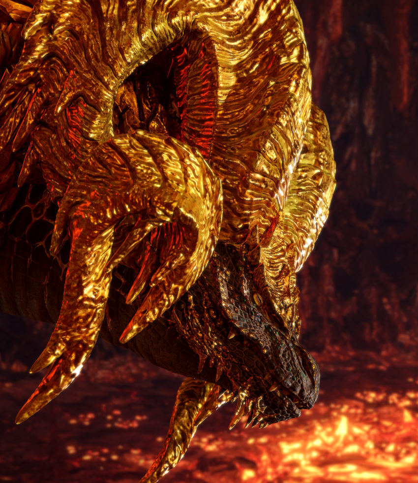 3d_(artwork) absurd_res black_body black_scales capcom cave digital_media_(artwork) dragon elder_dragon female feral gold_(metal) headshot_portrait hi_res horizontal_pupils horn ivorylagiacrus kulve_taroth lava looking_away looking_down monster_hunter portrait pupils reptile scales scalie slit_pupils solo teeth yellow_eyes yellow_horn