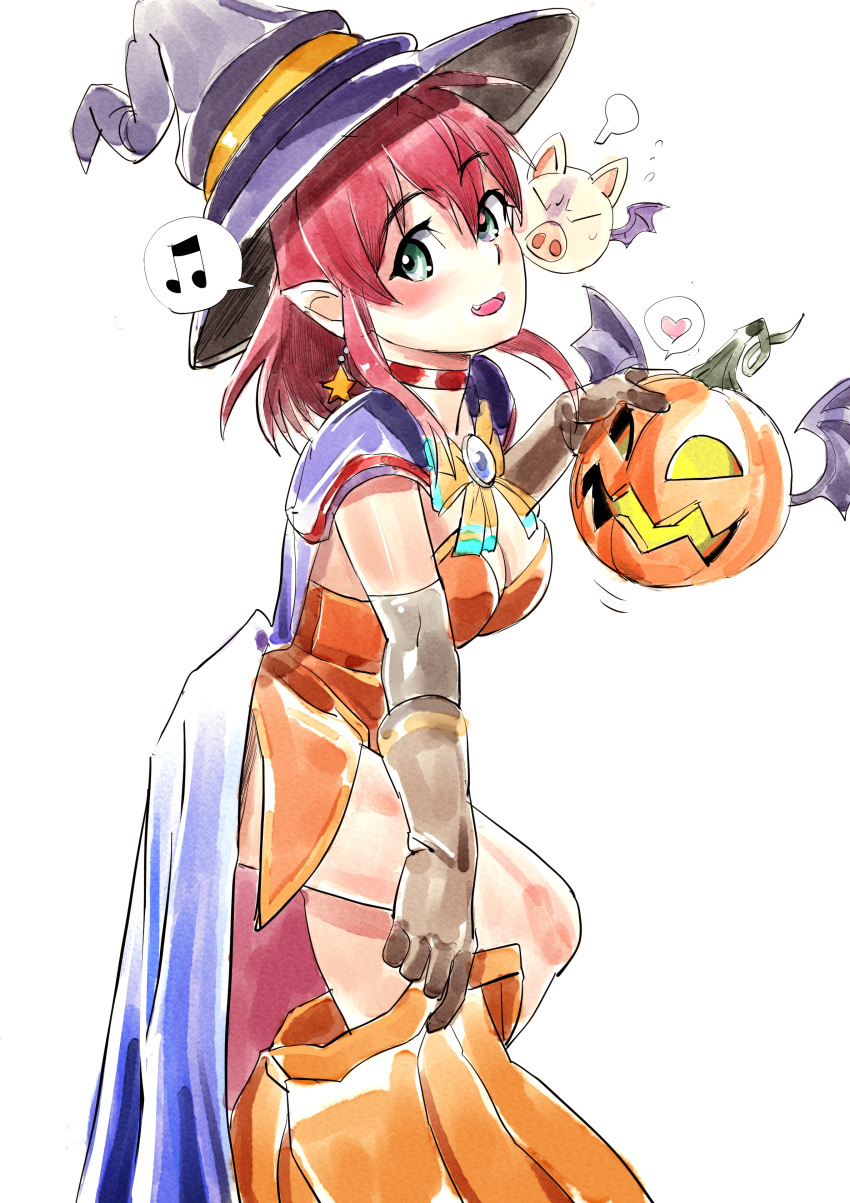 1girl absurdres alice_wishheart bat_(animal) blue_cape breasts cape choker dress earrings elbow_gloves gloves halloween halloween_costume hat highres jack-o'-lantern jewelry looking_at_viewer magical_halloween nawa_no_ojisan open_mouth orange_dress orange_skirt pointy_ears pumpkin red_choker short_hair simple_background skirt smile star_(symbol) star_earrings vampire_costume white_background witch witch_hat