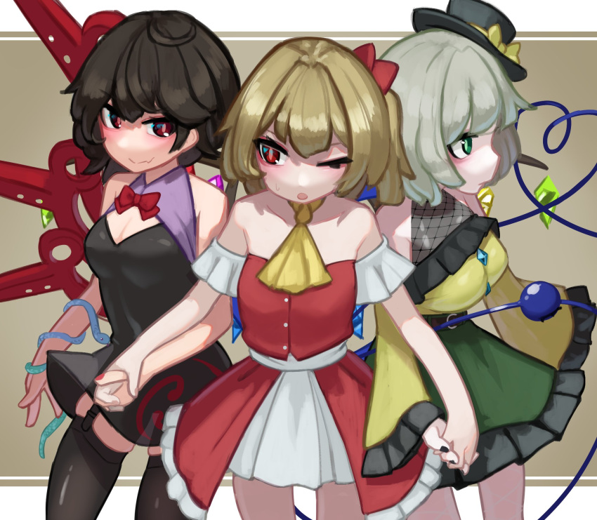 3girls adapted_costume asymmetrical_wings bare_shoulders black_dress black_thighhighs blonde_hair blue_wings bow bowtie breasts cleavage dress eyeball flandre_scarlet frilled_sleeves frills garter_straps green_eyes highres holding_hands houjuu_nue komeiji_koishi light_green_hair long_sleeves medium_hair multiple_girls one_eye_closed one_side_up red_bow red_bowtie red_dress red_eyes red_wings shirt smile thighhighs third_eye touhou wavy_hair wide_sleeves wings yellow_shirt zakozako_y