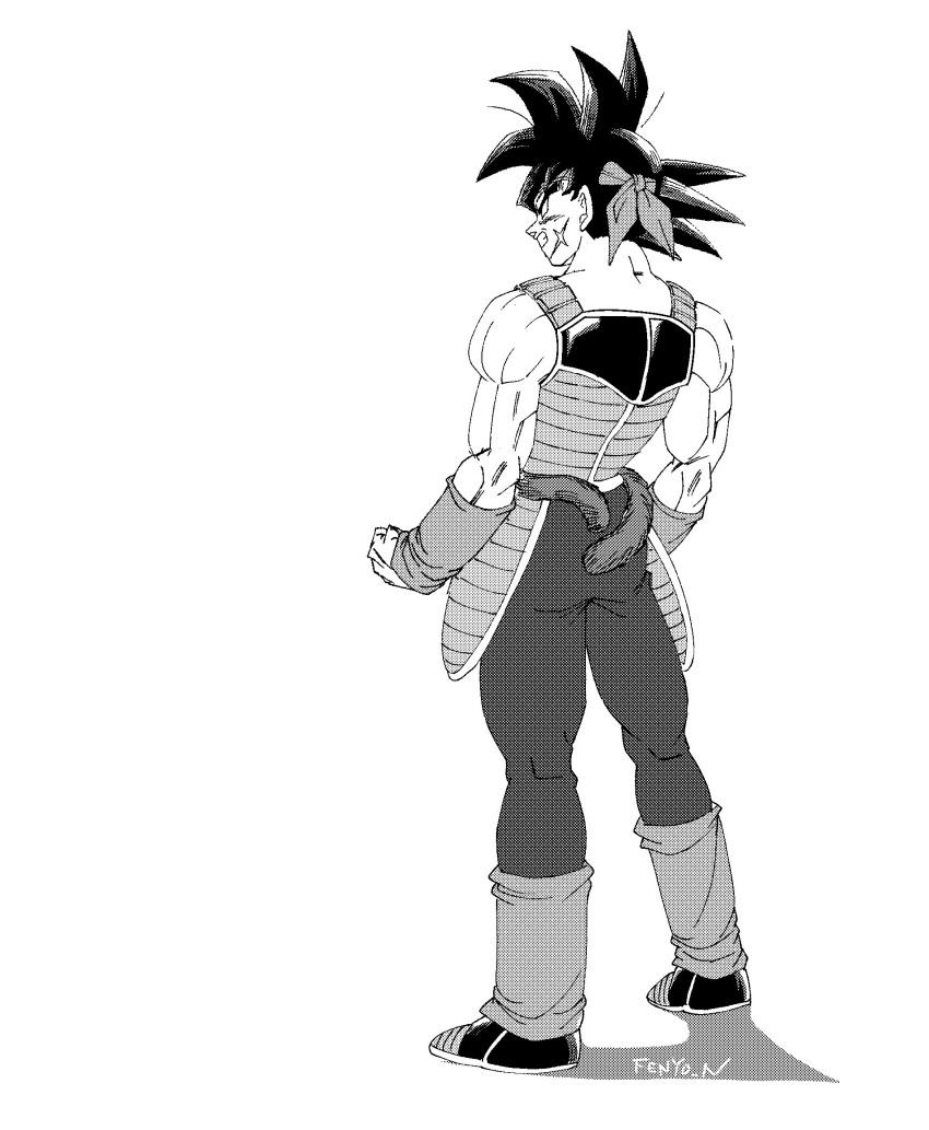 1boy armor artist_name bardock black_eyes black_hair dragon_ball dragon_ball_z fenyon headband highres male_focus monkey_tail monochrome muscular muscular_male saiyan saiyan_armor scar scar_on_cheek scar_on_face simple_background solo spiked_hair tail wristband