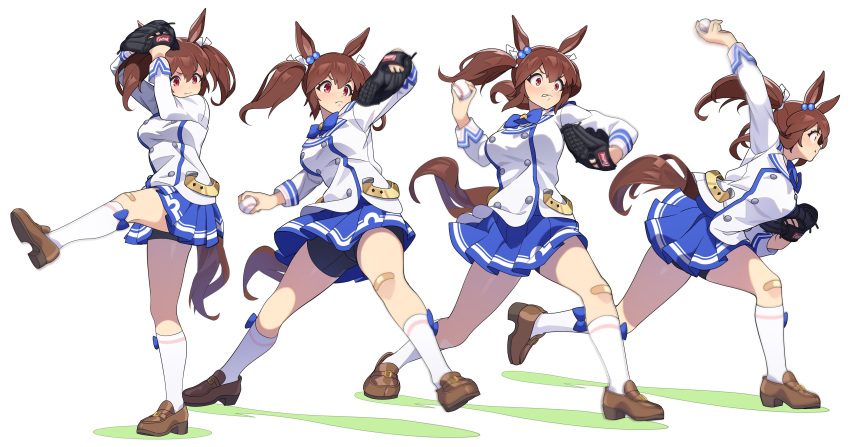 1girl absurdres animal_ears arms_up bandaid bandaid_on_knee bandaid_on_leg baseball baseball_mitt bike_shorts biting blue_skirt breasts brown_footwear brown_hair buttons closed_mouth double-breasted frown full_body highres hishi_akebono_(umamusume) horse_ears horse_girl horse_tail jacket kneehighs lip_biting loafers long_sleeves looking_afar medium_breasts medium_hair miniskirt motion_blur multiple_views nishiki_kazue outstretched_arm pitching pleated_skirt red_eyes sequential shoes skirt socks standing standing_on_one_leg tail throwing twintails umamusume upskirt v-shaped_eyebrows white_background white_jacket white_socks