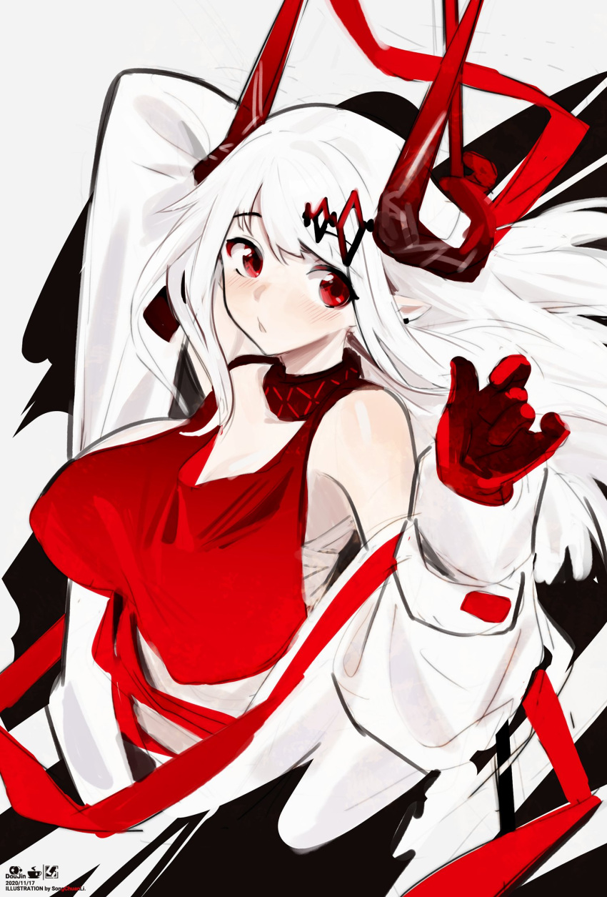 1girl arknights arm_up blush breasts chest_sarashi gloves grey_background hair_ornament highres horns infection_monitor_(arknights) large_breasts long_hair long_sleeves mudrock_(arknights) mudrock_(elite_ii)_(arknights) open_clothes parted_lips red_eyes red_gloves red_sports_bra sarashi simple_background solo songchuan_li sports_bra upper_body white_hair