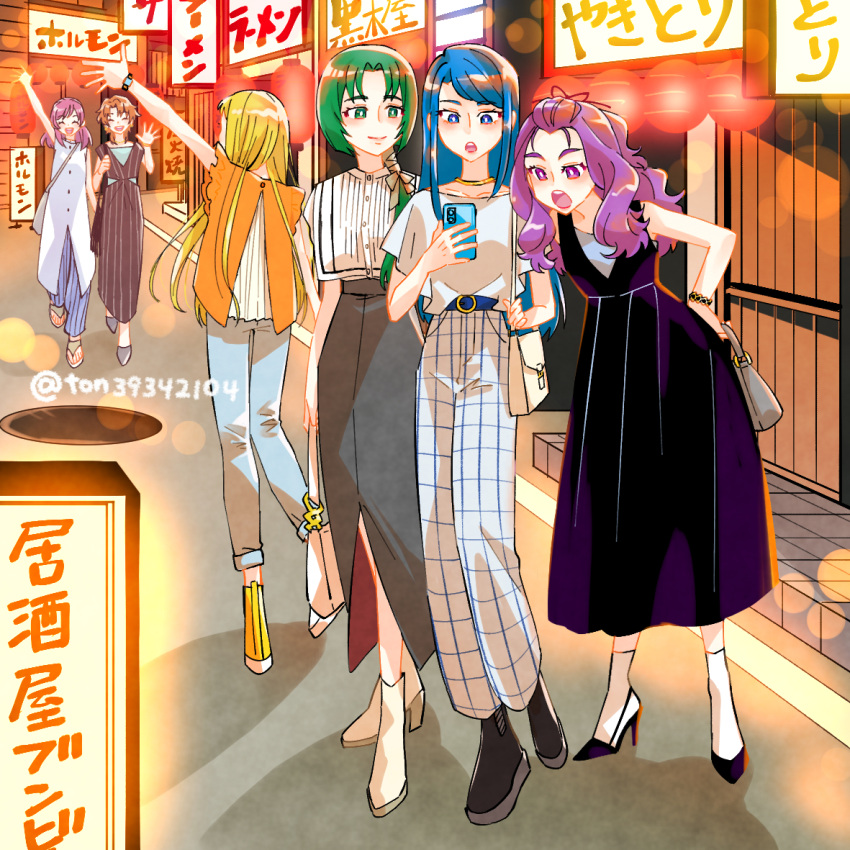 6+girls akimoto_komachi ankle_boots bag belt black_dress black_footwear blonde_hair blue_belt blue_eyes blue_hair blue_pants boots bracelet carrying cellphone closed_eyes closed_mouth dress green_eyes green_hair grey_dress grey_skirt hair_over_one_eye hair_pulled_back hand_on_own_hip handbag high-waist_skirt high_heel_boots high_heels holding holding_phone jewelry kasugano_urara_(yes!_precure_5) kibou_no_chikara_~otona_precure_'23~ lantern leaning_forward long_dress long_hair long_skirt looking_at_another medium_hair mimino_kurumi minazuki_karen monster_rally multiple_girls natsuki_rin night open_mouth orange_shirt outdoors pants pants_under_dress paper_lantern phone pink_hair plaid plaid_pants precure purple_eyes purple_hair red_hair sandals shirt skirt sleeveless sleeveless_dress sleeveless_shirt smartphone smile swept_bangs watch waving white_dress white_pants wristwatch yellow_footwear yes!_precure_5 yes!_precure_5_gogo! yumehara_nozomi