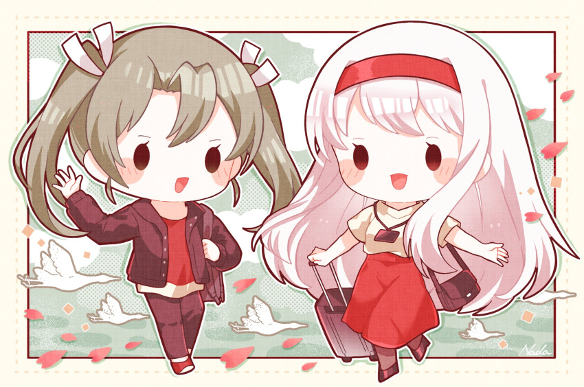 2girls bag bird black_bag black_jacket black_pants blush chibi grey_hair hair_ribbon hairband highres jacket kantai_collection long_hair long_sleeves multiple_girls nada_namie official_alternate_costume open_mouth pants petals red_hairband red_shirt red_skirt ribbon shirt short_sleeves shoukaku_(kancolle) signature skirt suitcase twintails very_long_hair white_hair white_ribbon zuikaku_(kancolle)