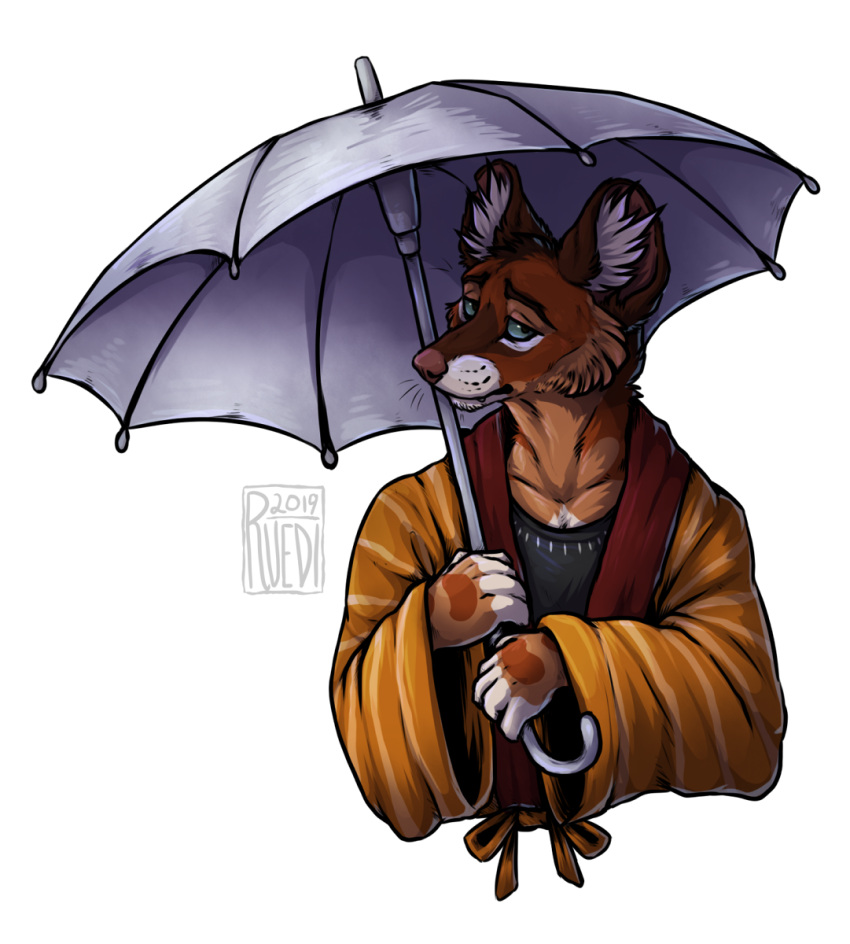 anthro asian_clothing brown_body brown_fur canid canine clothed clothing cosplay dhole east_asian_clothing fan_character fingerless_(marking) fur hi_res holding_object holding_umbrella inner_ear_fluff japanese_clothing kimono male mammal mob_psycho_100 one_(manga) ruedi serizawa_katsuya shirt snout solo topwear tuft umbrella whiskers