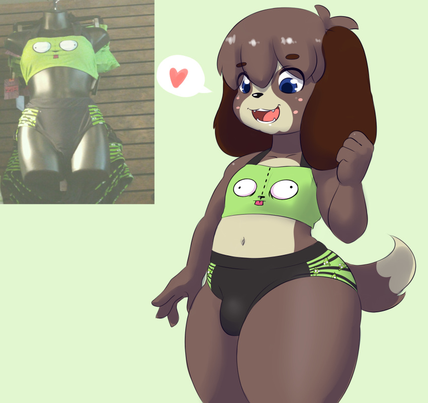 2023 animal_crossing anthro big_bulge black_bottomwear black_clothing black_nose black_shorts blue_eyes blue_pupils bottomwear brown_body brown_fur brown_hair bulge canid canine canis clothing crop_top cute_fangs digby_(animal_crossing) dipstick_tail domestic_dog fist floppy_ears fur gir_(invader_zim) girly green_bottomwear green_clothing green_crop_top green_shorts hair hi_res hotpants invader_zim looking_down male mammal markings mr-shin nickelodeon nintendo photo pupils raised_hand shih_tzu shirt shorts smile solo tail tail_markings tan_body tan_fur thick_thighs tight_clothing topwear toy_dog wide_hips