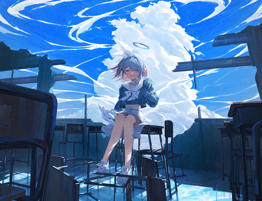 arona_(blue_archive) blue_archive blue_hair blue_shirt blue_sky bow bow_hairband bowtie choker classroom closed_eyes cloud colored_inner_hair cumulonimbus_cloud cute_mdr hair_bow hairband halo highres long_sleeves miniskirt multicolored_hair parted_lips pink_hair pleated_skirt ruins sailor_collar school_uniform serafuku shirt shoes short_hair skirt sky smile sneakers white_bow white_bowtie white_choker white_footwear white_hairband white_sailor_collar white_skirt