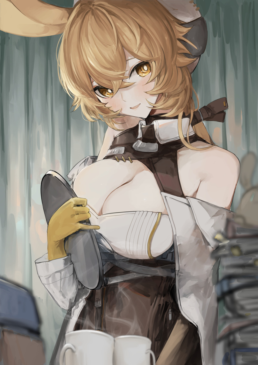 1girl :d absurdres animal_ears arknights bare_shoulders black_headwear black_skirt blush breasts bright_pupils brown_eyes brown_hair cleavage cleavage_cutout clothing_cutout coffee_mug cup dorothy_(arknights) gloves hat high-waist_skirt highres holding holding_tray kajuu large_breasts long_hair long_sleeves looking_at_viewer mouse_ears mug open_mouth skirt smile solo steam tray yellow_gloves