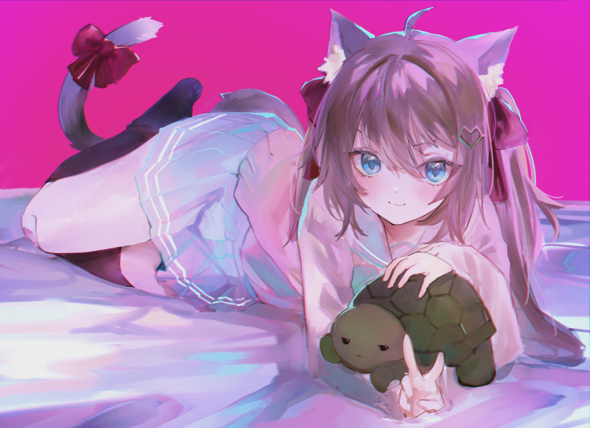 1girl :3 absurdres ahoge animal_ear_fluff animal_ears asymmetrical_legwear bandaid bandaid_on_knee bandaid_on_leg bed_sheet black_socks black_thighhighs blue_eyes blue_sailor_collar blue_skirt blush bow brown_cardigan brown_hair cardigan cat_ears cat_tail commentary hair_ornament hair_ribbon hairclip heart heart_hair_ornament highres indie_virtual_youtuber kneehighs long_hair looking_at_viewer lying neuro-sama pink_background pleated_skirt red_ribbon ribbon ryuuji_teitoku sailor_collar school_uniform serafuku simple_background single_kneehigh single_sock single_thighhigh skirt socks solo tail tail_bow tail_ornament thighhighs turtle two_side_up uneven_legwear v vedal987