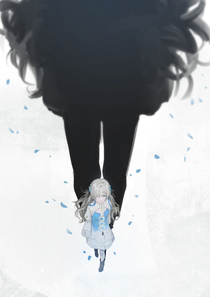 1girl blue_dress blue_eyes blue_flower blue_hair boots cleavage_cutout closed_mouth clothing_cutout commentary dress english_commentary falling_petals flower from_above full_body gradient_dress grey_hair hair_flower hair_ornament hair_over_one_eye highres isekai_joucho juliet_sleeves kamitsubaki_studio light_smile long_hair long_sleeves looking_at_viewer looking_up multicolored_hair nekoreito o-ring pantyhose petals puffy_sleeves shadow shrug_(clothing) solo streaked_hair virtual_youtuber walking wavy_hair white_dress white_pantyhose white_sleeves wide_shot