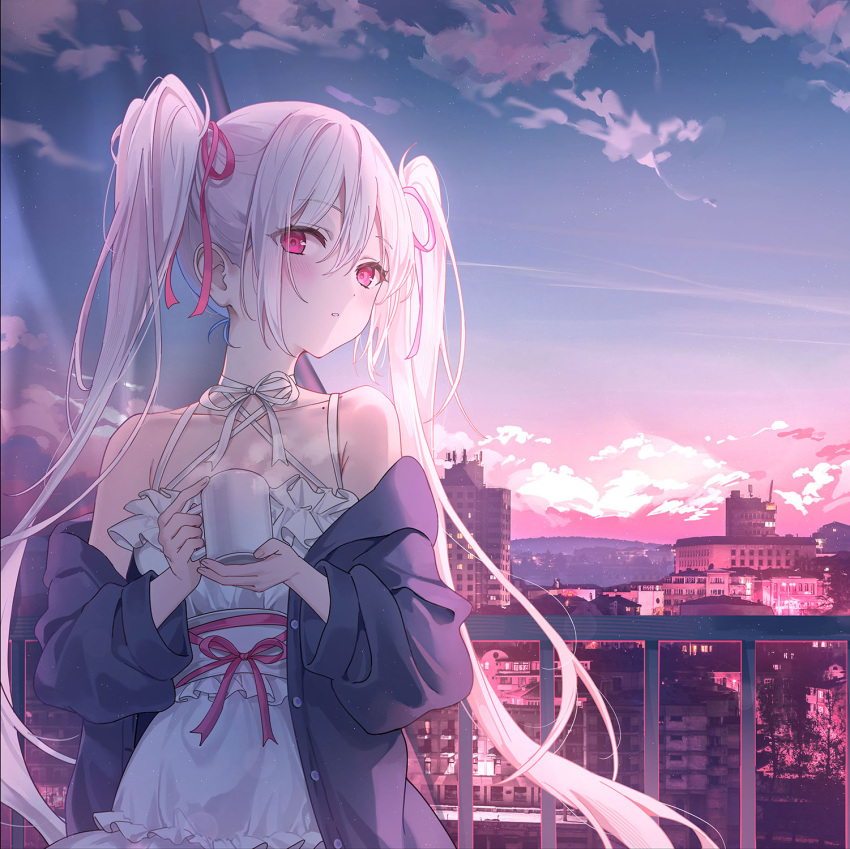 1girl bare_shoulders building cloud cloudy_sky cup dress evening floating_hair frilled_dress frills hair_between_eyes hair_ribbon highres holding holding_cup long_hair looking_at_viewer mole neck_ribbon off-shoulder_jacket off_shoulder original parted_lips pink_ribbon rangu ribbon sidelocks sky sleeveless sleeveless_dress solo twintails white_dress white_hair white_ribbon