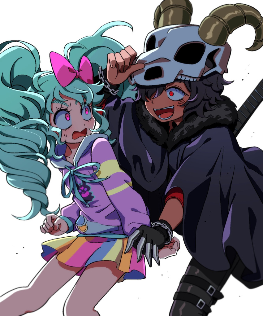 1boy 1girl alternate_costume animal_skull black_cape black_footwear black_gloves blue_hair blush bow bracelet cape constricted_pupils dark-skinned_male dark_skin drill_hair fang fur-trimmed_cape fur_trim gloves hair_between_eyes hair_bow hair_over_one_eye hand_up highres hood hood_down hoodie horns idol_land_pripara jewelry katasumi_amari lau_(laustar30) long_hair long_sleeves looking_at_another mario_(pripara) open_mouth pink_bow pretty_(series) pripara purple_hoodie red_eyes short_hair simple_background skirt smile striped striped_skirt surprised sweatdrop twin_drills twintails very_long_hair wavy_mouth white_background wide-eyed