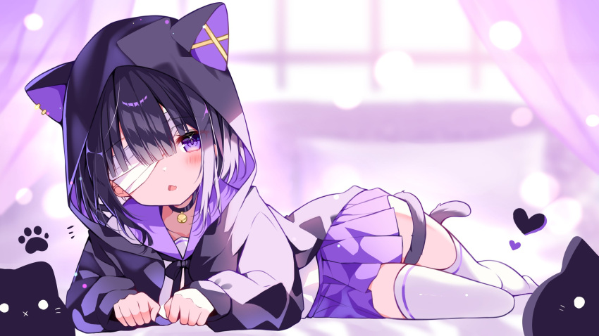 1girl :&lt; animal_ears animal_hood bandage_over_one_eye bell black_hair black_hoodie blunt_bangs blurry blurry_background blush cat_ears cat_girl cat_hood cat_tail commentary commission fake_animal_ears full_body heart highres hood hood_up hoodie indie_virtual_youtuber kurose_kiri long_sleeves looking_at_viewer lying neck_bell on_side open_mouth paw_print purple_background purple_eyes purple_skirt second-party_source shirt short_hair skeb_commission skirt solo stuffed_animal stuffed_cat stuffed_toy suisei_1121 tail tail_around_own_leg thighhighs virtual_youtuber white_shirt white_thighhighs