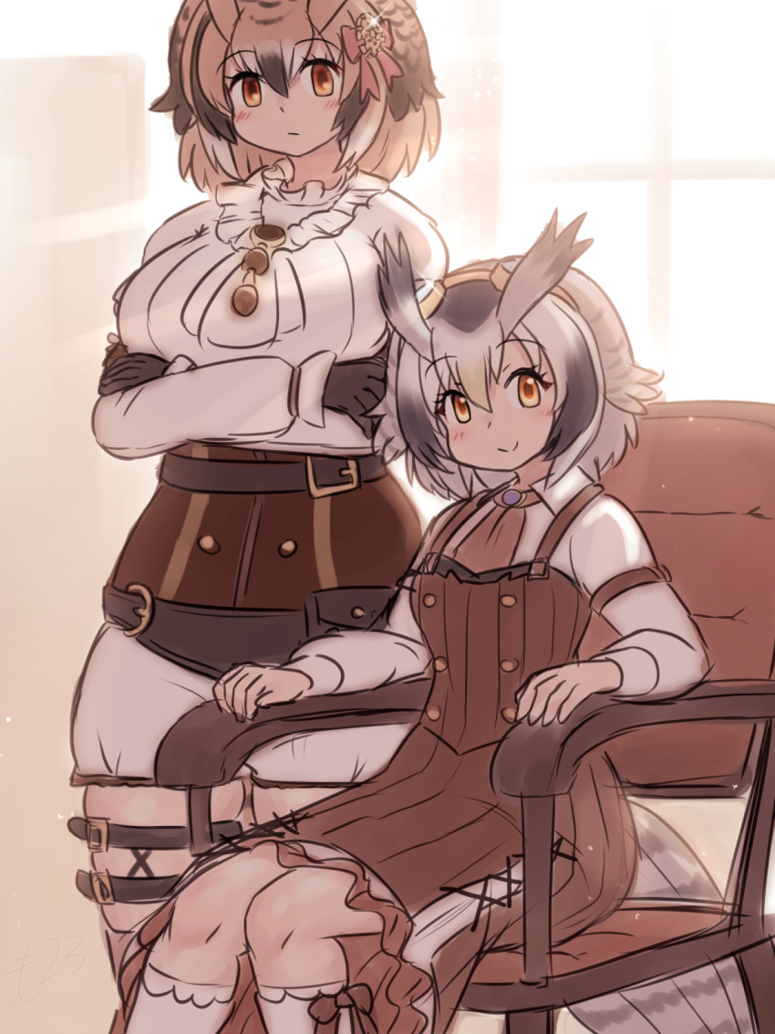 2girls animal_ears armrest bird_tail black_hair blush breasts brown_eyes brown_hair chair collar crossed_arms dress eurasian_eagle_owl_(kemono_friends) frilled_collar frills gloves grey_hair hair_between_eyes head_wings highres kemono_friends kemono_friends_3 large_breasts long_sleeves looking_at_viewer mo23 multicolored_hair multiple_girls northern_white-faced_owl_(kemono_friends) official_alternate_costume short_hair sitting smile tail white_hair wings