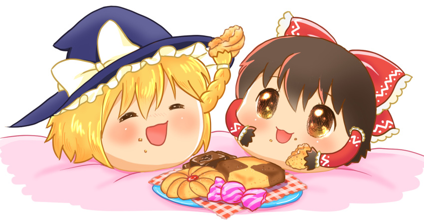 2girls :3 blonde_hair blush bow braid brown_eyes brown_hair checkerboard_cookie chocolate closed_eyes commentary_request cookie eating food food_on_face frilled_bow frilled_hair_tubes frilled_hat frills full_body grey_headwear hair_bow hair_tubes hakurei_reimu hat hat_bow highres kirisame_marisa looking_at_viewer medium_bangs multiple_girls open_mouth plate prehensile_hair red_bow short_hair side_braid sidelocks single_braid smile t3_(user_aura4334) thumbprint_cookie touhou white_bow witch_hat wrapped_candy yukkuri_shiteitte_ne