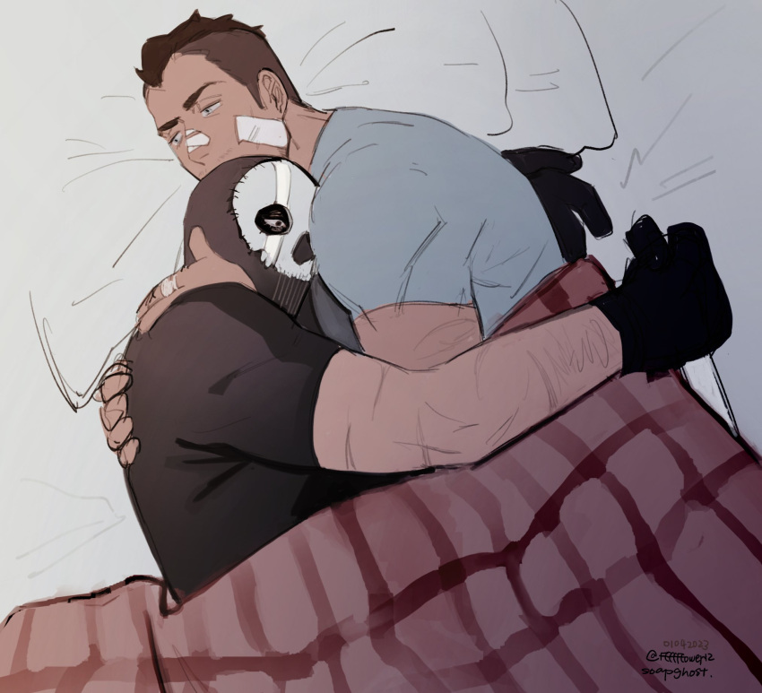 2boys artist_request bandaid bandaid_on_cheek bandaid_on_face bara beard call_of_duty:_modern_warfare_2 couple cuddling facial_hair from_above ghost_(modern_warfare_2) gloves hand_on_another's_back highres hug lying male_focus mask mature_male multiple_boys on_bed on_side scar short_hair sideburns skull_mask soap_(modern_warfare_2) toned toned_male undercut wide-eyed yaoi