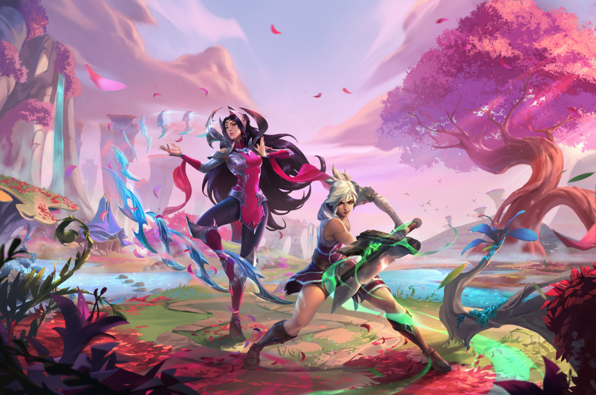 2girls absurdres bandaged_arm bandages black_hair bodysuit boots breasts broken broken_sword broken_weapon cloud fighting_stance floating floating_object floating_sword floating_weapon folded_ponytail hair_ornament highres holding holding_sword holding_weapon irelia league_of_legends league_of_legends:_wild_rift long_hair multiple_girls official_art outdoors petals qi_mang_(qimang) riven_(league_of_legends) sky sword very_long_hair weapon white_hair