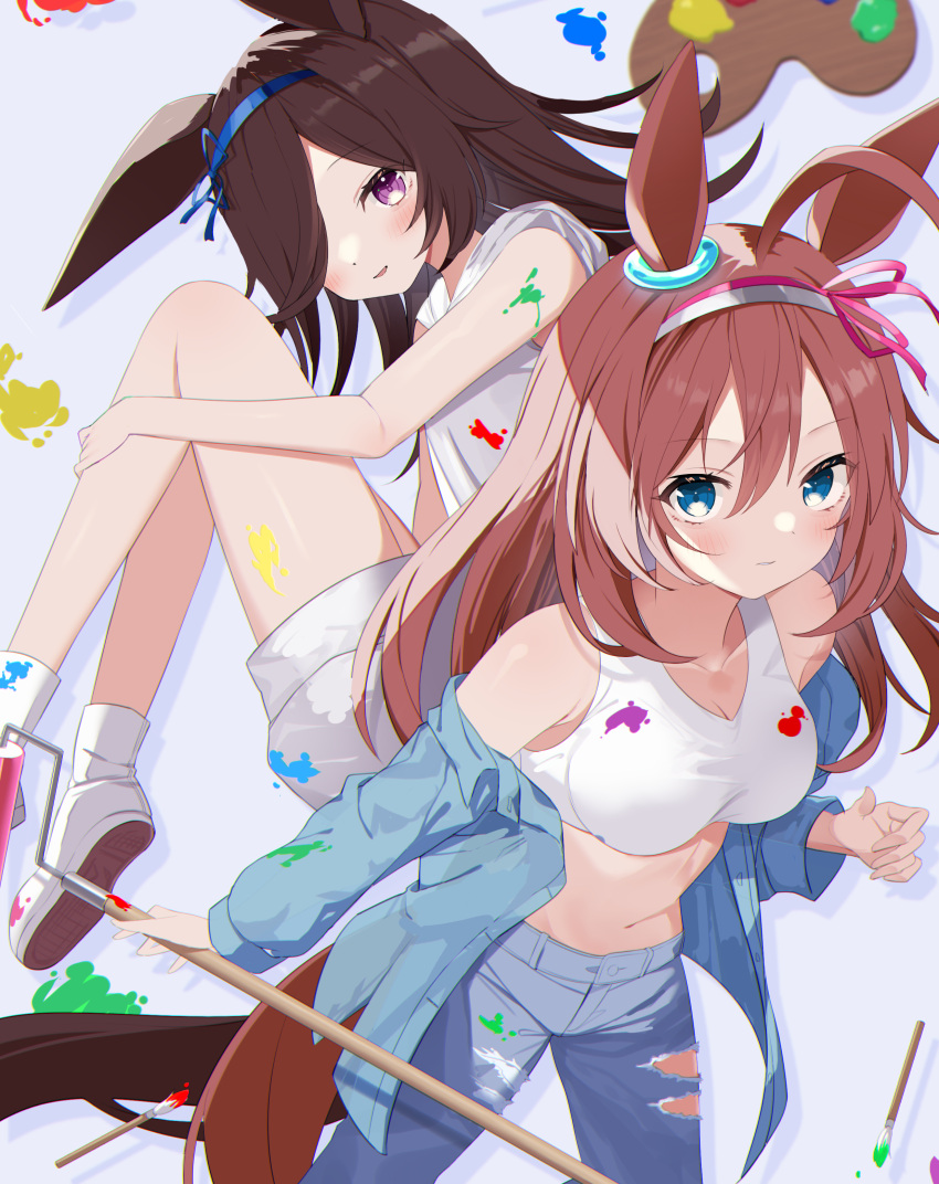 2girls absurdres agaki_anko ahoge animal_ears black_hair blue_eyes blue_pants blue_ribbon blue_shirt brown_hair calligraphy_brush closed_mouth collared_shirt commentary denim ear_ornament floating_hair grey_hairband hair_over_shoulder hair_ribbon hairband highres holding horse_ears horse_girl jeans long_hair long_sleeves looking_at_viewer mihono_bourbon_(umamusume) multiple_girls navel off_shoulder open_clothes open_shirt paint_on_body paint_on_clothes paint_roller paintbrush pants parted_lips pink_ribbon purple_eyes ribbon rice_shower_(umamusume) shirt shoes shorts sleeveless sleeveless_shirt sleeves_rolled_up smile sneakers socks sports_bra standing symbol-only_commentary torn_clothes torn_jeans torn_pants umamusume white_footwear white_shirt white_shorts white_socks white_sports_bra