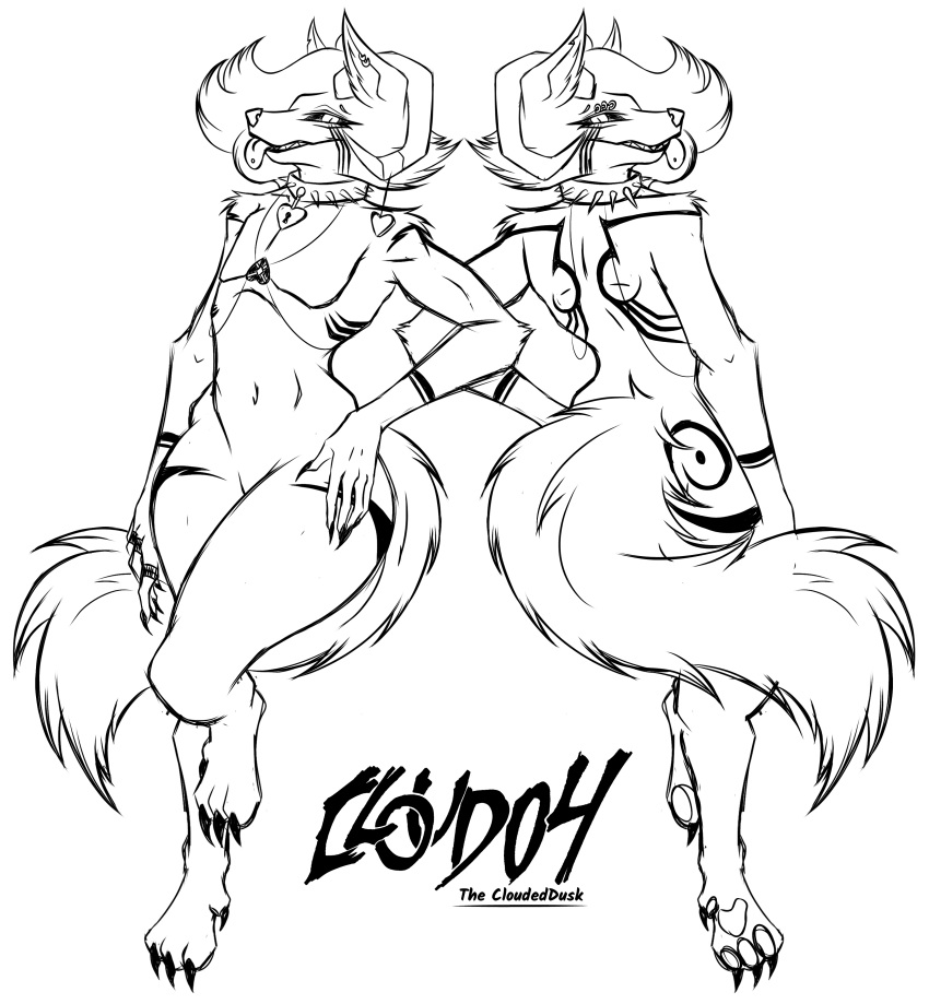 absurd_res ambiguous_gender anthro arm_tattoo back_tattoo canid canine choker claws cloud04 demon ear_piercing eyebrow_piercing facial_piercing fluffy fluffy_tail fox front_view hand_on_hip hi_res horn horn_jewelry jewelry leg_tattoo lock lock_symbol mammal necklace pawpads piercing rear_view sharp_claws signature sketch solo spikes tail tattoo the_clouded_dusk_(cloud04) thigh_tattoo tongue tongue_out tongue_piercing wide_hips