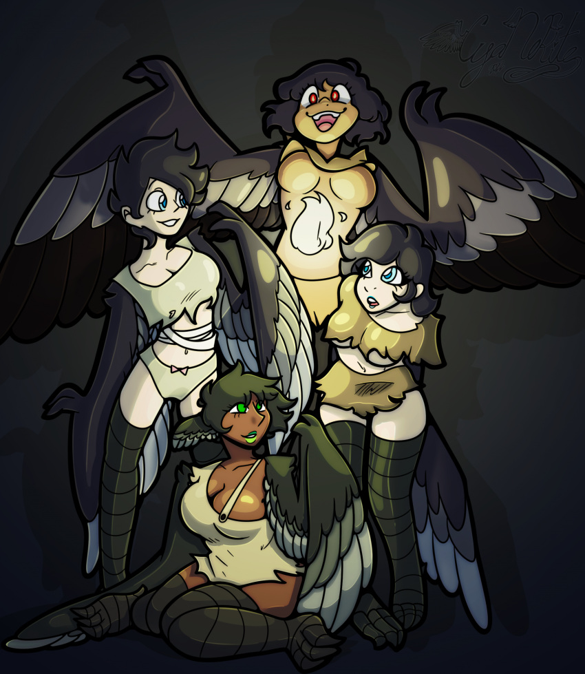 animal_humanoid avian avian_feet avian_humanoid big_breasts bird bird_humanoid black_body black_feathers black_hair blue_eyes blue_lipstick breasts cleavage clothed clothing corvid corvid_humanoid corvus_(genus) corvus_humanoid crow crow_humanoid cyanknight dark_body dark_skin dark_souls dina_(dark_souls) european_mythology eyelashes feathers featureless_breasts female fromsoftware greek_mythology green_eyes green_lipstick grey_background grey_body grey_feathers group hair harpy hi_res humanoid lipstick makeup midnekite mythological_avian mythology navel open_mouth open_smile oscine pale_skin passerine pickle-pee ragged_clothing red_eyes simple_background sitting smile snuggly_(dark_souls) tan_body tan_skin thick_thighs tillo_(dark_souls) under_boob wide_hips winged_arms wings