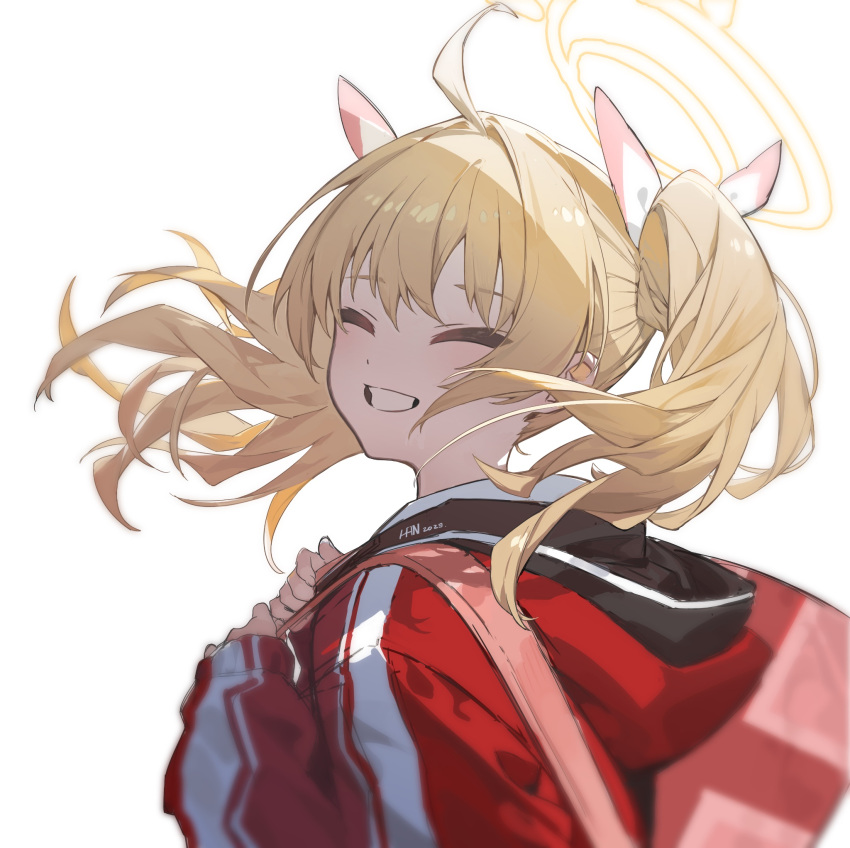 1girl =_= ahoge blonde_hair blue_archive closed_eyes commentary facing_viewer floating_hair from_side grin hair_intakes hair_ribbon halo han-0v0 hands_up highres jacket long_hair long_sleeves looking_back red_jacket ribbon simple_background smile solo teeth track_jacket twintails upper_body white_background yoshimi_(blue_archive)