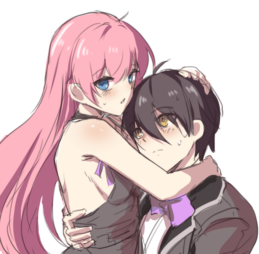 1boy 1girl ahoge backless_dress backless_outfit bare_shoulders black_hair black_suit blue_eyes blush bow bowtie breasts closers commentary_request dress hair_between_eyes hand_on_another's_back hand_on_another's_head hetero hug korean_commentary long_bangs long_hair looking_at_another looking_at_viewer parted_lips pink_hair pinkmarine purple_bow purple_bowtie seha_lee seulbi_lee short_hair simple_background small_breasts suit white_background yellow_eyes