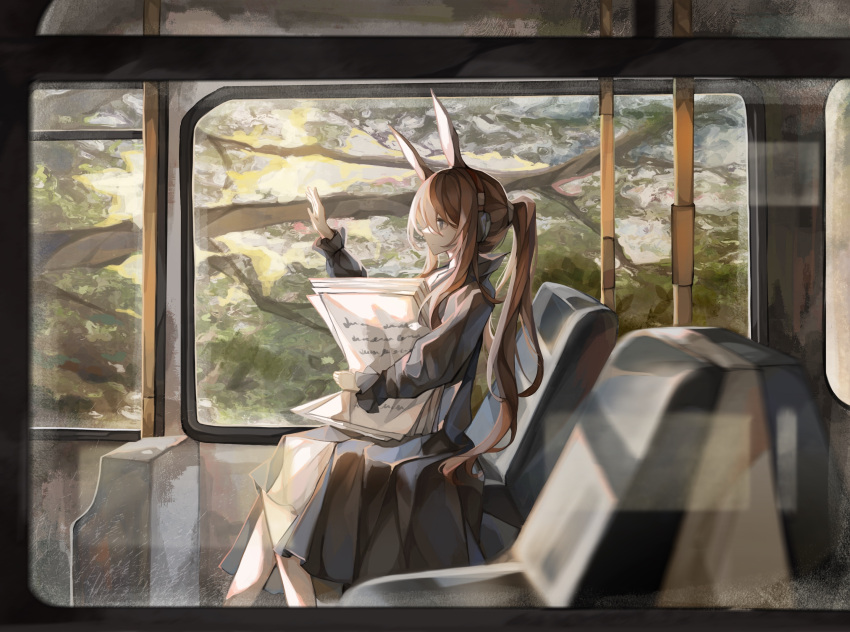 1girl amiya_(arknights) amiya_(newsgirl)_(arknights) animal_ears arknights black_dress blue_eyes brown_hair bus_interior dress from_side hand_up headphones highres implied_extra_ears long_hair long_sleeves official_alternate_costume ponytail procreate_(medium) profile rabbit_ears rabbit_girl sidelocks solo tree very_long_hair window zaolin_rinn