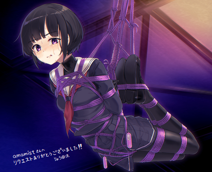 1girl arms_behind_back bdsm black_footwear black_hair black_pantyhose black_shirt black_skirt blush bondage bound bound_arms bound_legs breasts chromatic_aberration clenched_teeth commentary_request commission controller crotch_rope full_body highres idolmaster idolmaster_cinderella_girls indoors legs_together long_sleeves looking_at_viewer miniskirt neckerchief nose_blush pantyhose pleated_skirt purple_eyes red_neckerchief remote_control remote_control_vibrator rope ryou@ryou sailor_collar school_uniform serafuku sex_toy shibari shibari_over_clothes shirayuki_chiyo shirt shoes short_hair sidelocks skeb_commission skirt small_breasts solo suspension sweat teeth translation_request undershirt vibrator vibrator_cord vibrator_under_clothes white_sailor_collar