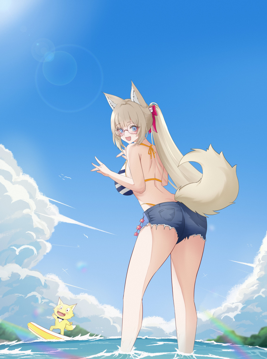 1girl absurdres alternate_breast_size alternate_hairstyle animal_ear_fluff animal_ears ass bikini blonde_hair blue_eyes blue_sky breasts cloud commission denim denim_shorts double_fox_shadow_puppet fox_ears fox_girl fox_shadow_puppet fox_tail from_behind glasses highres merumaruru ponytail prism_project second-party_source shorts sky striped striped_bikini sun_glare swimsuit tail tokimori_aoi water