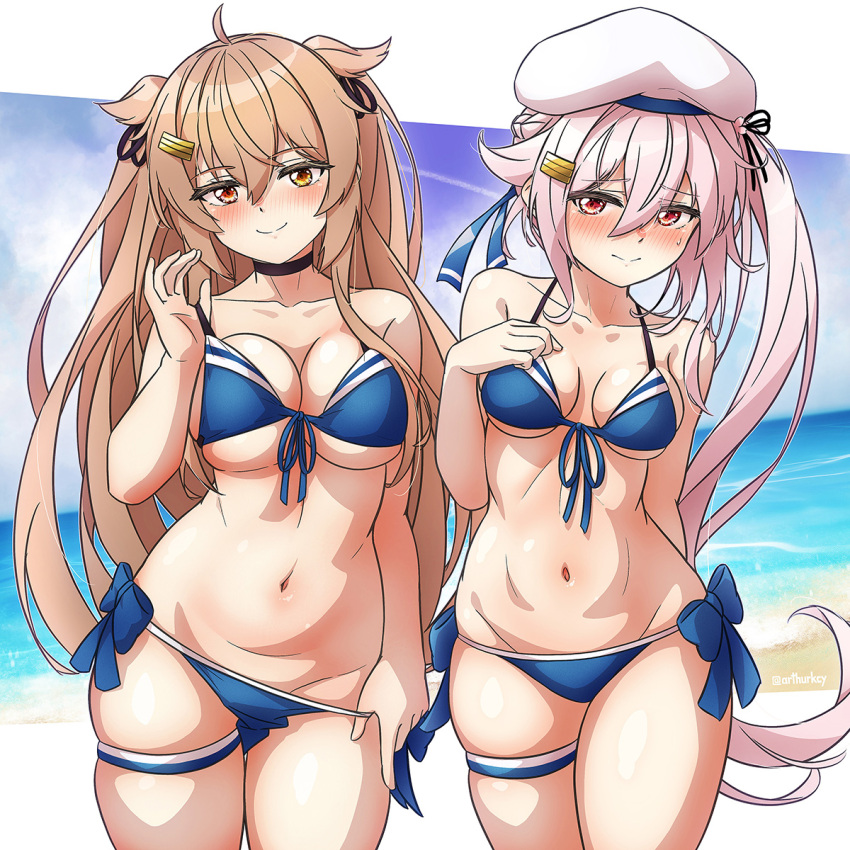 2girls ahoge arthur_ko bare_arms bare_legs bare_shoulders beret bikini black_choker black_ribbon blue_bikini blush breasts choker closed_mouth collarbone cosplay cowboy_shot groin hair_between_eyes hair_ornament hair_ribbon hairclip harusame_(kancolle) hat heterochromia highres kantai_collection large_breasts light_brown_hair long_hair looking_at_viewer medium_breasts multiple_girls murasame_(kancolle) murasame_kai_ni_(kancolle) navel pink_hair red_eyes ribbon shigure_(kancolle) shigure_kai_san_(kancolle) shigure_kai_san_(kancolle)_(cosplay) side_ponytail smile swimsuit thigh_strap two_side_up very_long_hair white_headwear yellow_eyes