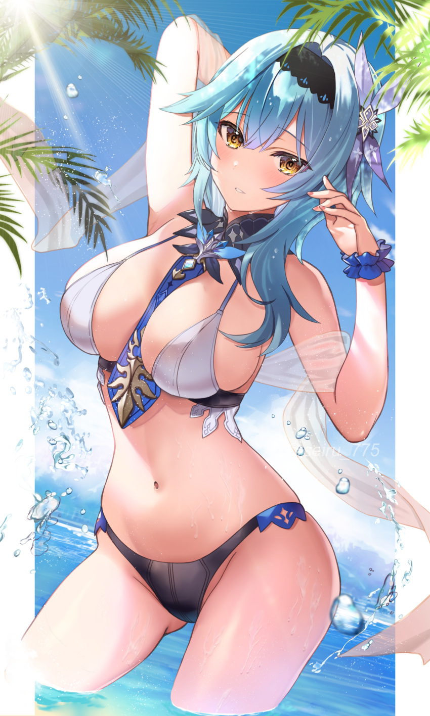 1girl alternate_costume arm_behind_head arm_up bare_shoulders bikini black_bikini black_hairband blue_hair blue_sky blush breasts cleavage day detached_collar eula_(genshin_impact) genshin_impact hair_ornament hairband highres large_breasts looking_at_viewer medium_hair mismatched_bikini navel necktie ocean outdoors palm_leaf scrunchie seiru_(prairie) sidelocks sky solo stomach swimsuit thighs wading wet white_bikini wrist_scrunchie yellow_eyes