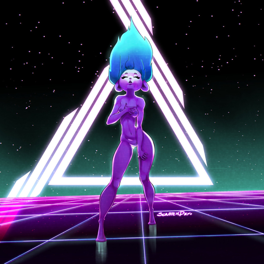 1:1 80's_theme anthro blue_hair breasts detailed_background eyes_closed female hair hand_on_chest hi_res nipples nude open_mouth purple_body reflective_floor scratchdex shaded solo standing synthwave thigh_gap