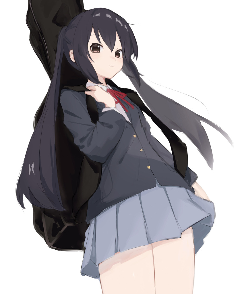 1girl absurdres black_hair black_jacket blazer blue_skirt brown_eyes closed_mouth haramaki_(haranomaki) highres instrument_case jacket k-on! long_hair long_sleeves looking_at_viewer nakano_azusa neck_ribbon pleated_skirt red_ribbon ribbon sakuragaoka_high_school_uniform school_uniform sidelocks simple_background skirt solo twintails very_long_hair white_background