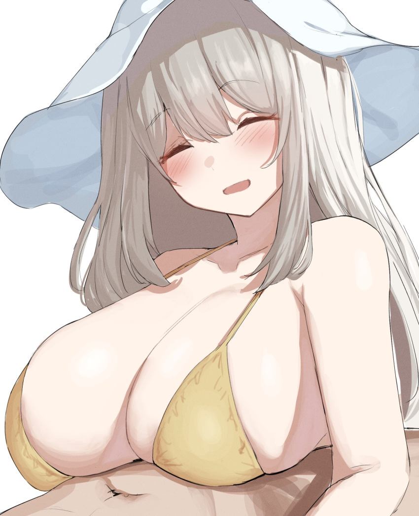 1boy 1girl ^_^ bikini blue_archive blush breasts closed_eyes commentary_request hat hetero highres implied_paizuri large_breasts long_hair narodenden nonomi_(blue_archive) nonomi_(swimsuit)_(blue_archive) official_alternate_costume open_mouth simple_background swimsuit white_background white_headwear yellow_bikini