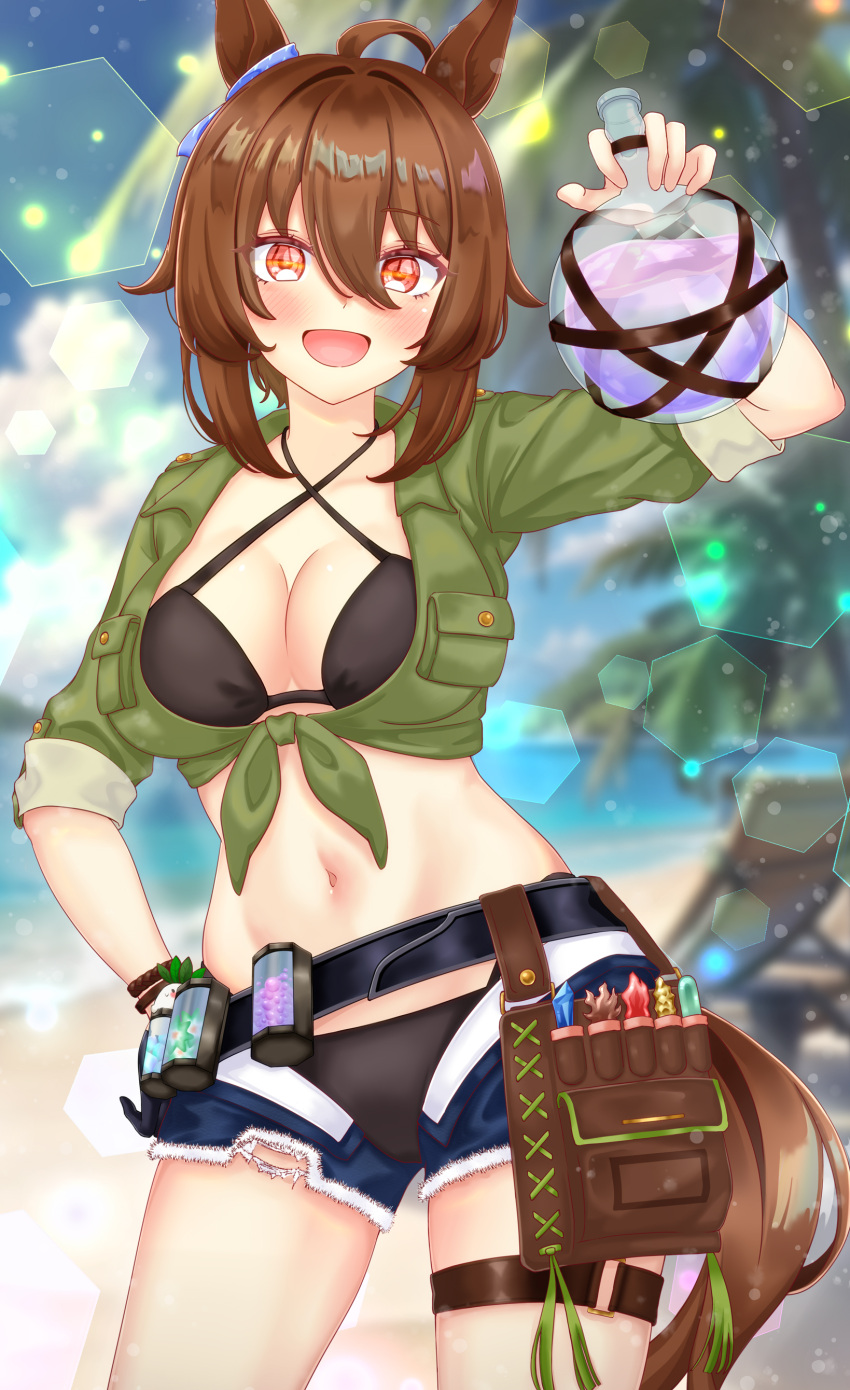 1girl absurdres agnes_tachyon_(lunatic_lab)_(umamusume) ahoge animal_ears beach beach_chair belt bikini bikini_under_clothes black_bikini black_gloves blue_shorts blurry blurry_background blush breast_pocket breasts brown_hair cleavage commentary_request cowboy_shot cutoffs day denim denim_shorts ear_ornament eyelashes flask fur-trimmed_shorts fur_trim gloves green_jacket hair_between_eyes hand_on_own_hip hand_up highres holding holding_flask horse_ears horse_girl horse_tail jacket large_breasts leather_wrist_straps medium_hair momomiyaj_p ocean official_alternate_costume official_alternate_hairstyle open_clothes open_fly open_mouth open_shorts outdoors pocket red_eyes round-bottom_flask sand short_shorts short_sleeves shorts single_glove smile solo swimsuit tail thigh_belt thigh_strap tied_jacket umamusume water wrist_straps