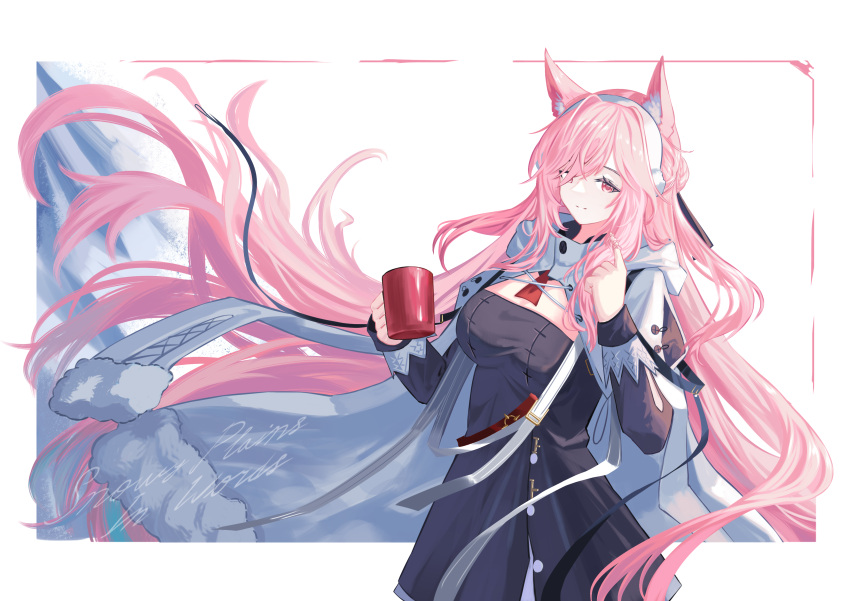 1girl absurdres animal_ears arknights black_dress breasts commentary_request cowboy_shot cup dress hairband highres holding holding_cup long_hair long_sleeves looking_at_viewer medium_breasts pink_eyes pink_hair pozyomka_(arknights) pozyomka_(snowy_plains_in_words)_(arknights) smile solo standing unitaka very_long_hair white_background white_hairband wolf_ears