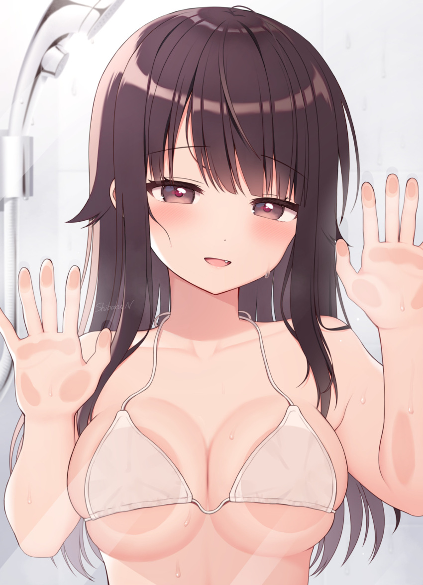 1girl against_glass bikini blush breast_press breasts breasts_on_glass brown_eyes brown_hair collarbone covered_nipples dot_nose fang highres indoors large_breasts long_hair looking_at_viewer mao-chan_(uramakaron) open_mouth original shower_head signature solo swimsuit uramakaron wet white_bikini
