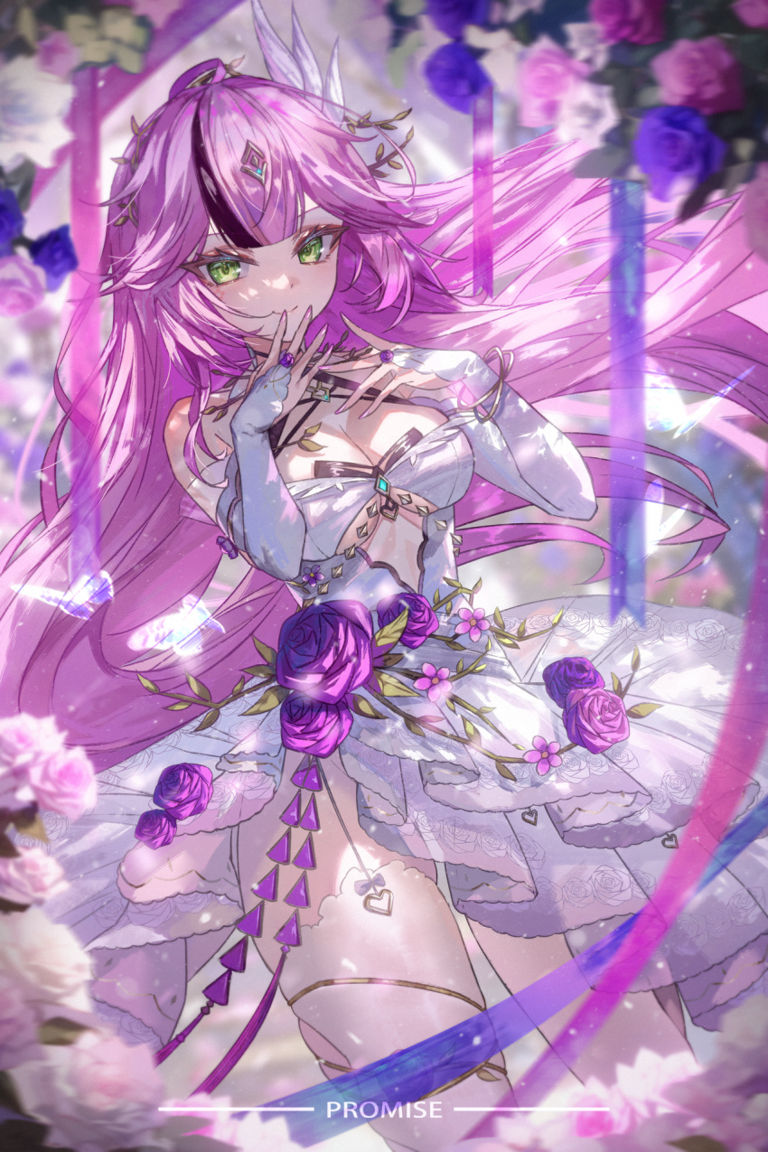 1girl 7_n bare_shoulders blue_flower blue_rose bracelet breasts cleavage closed_mouth commentary_request cowboy_shot dress flower green_eyes hands_up highres jewelry lan_(tower_of_fantasy) long_hair looking_at_viewer pink_flower pink_hair pink_nails pink_rose purple_flower purple_rose rose smile solo thighhighs tower_of_fantasy very_long_hair white_dress white_flower white_rose white_thighhighs