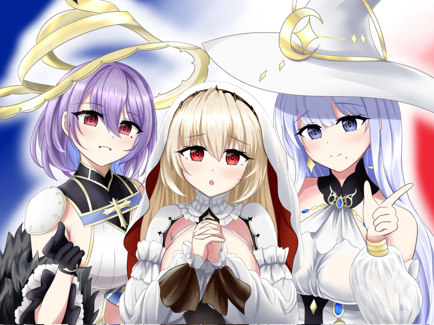 3girls azur_lane black_gloves blonde_hair blue_eyes breasts crescent crescent_earrings crescent_hat_ornament cross detached_sleeves earrings feather_boa french_flag gloves guichen_(azur_lane) habit hair_between_eyes hands_up hat hat_ornament highres jewelry kersaint_(azur_lane) large_breasts light_purple_hair long_hair long_sleeves looking_at_viewer lyon_(azur_lane) mole mole_under_eye mole_under_mouth multiple_girls nun own_hands_clasped own_hands_together parted_lips purple_hair red_eyes short_hair smile star_(symbol) star_earrings star_hat_ornament timaki19191 upper_body veil white_hair white_headwear witch_hat