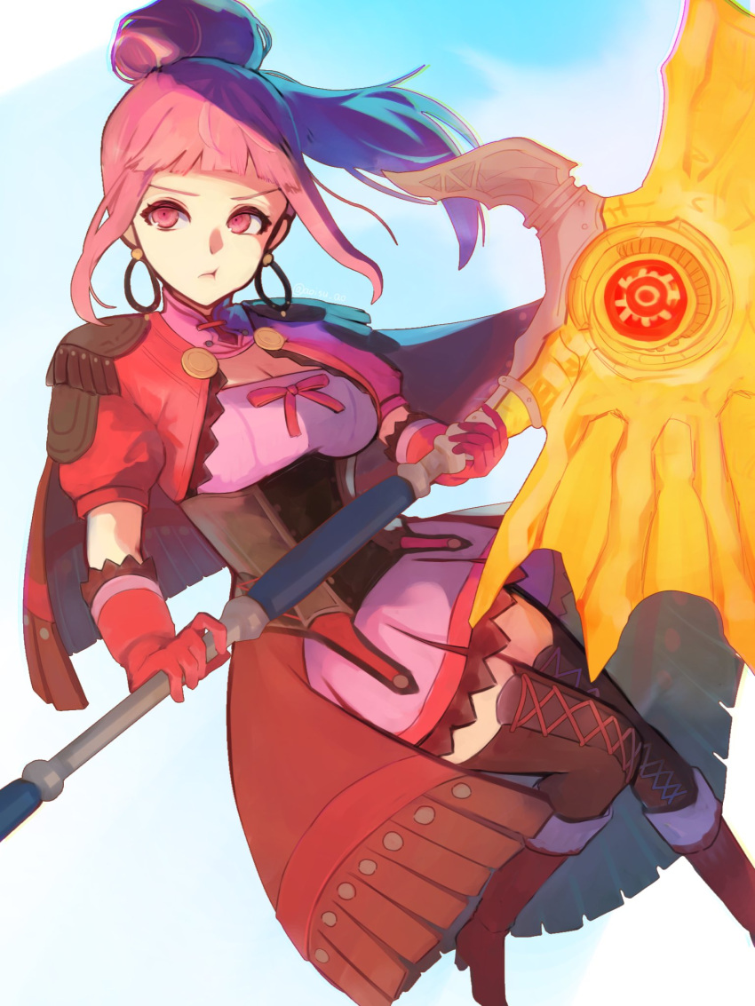 1girl aoisu_ao axe cape closed_mouth commentary dress earrings fire_emblem fire_emblem:_three_houses fire_emblem_warriors:_three_hopes gloves hair_bun highres hilda_valentine_goneril holding holding_axe holding_weapon hoop_earrings jewelry long_hair looking_at_viewer official_alternate_costume official_alternate_hairstyle pink_dress pink_eyes pink_gloves pink_hair pout red_cape sidelocks solo weapon