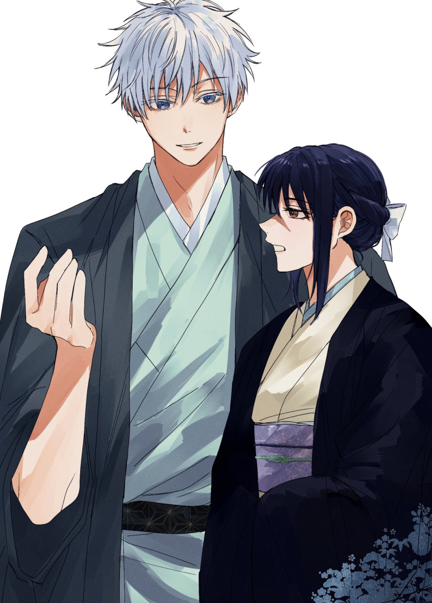 1boy 1girl alternate_costume alternate_hairstyle blue_eyes blue_hair brown_eyes commentary english_commentary gojou_satoru grey_hair hair_ribbon highres iori_utahime japanese_clothes jujutsu_kaisen kimono long_hair matchi_(ginger.8) ribbon scar scar_on_face short_hair simple_background white_background