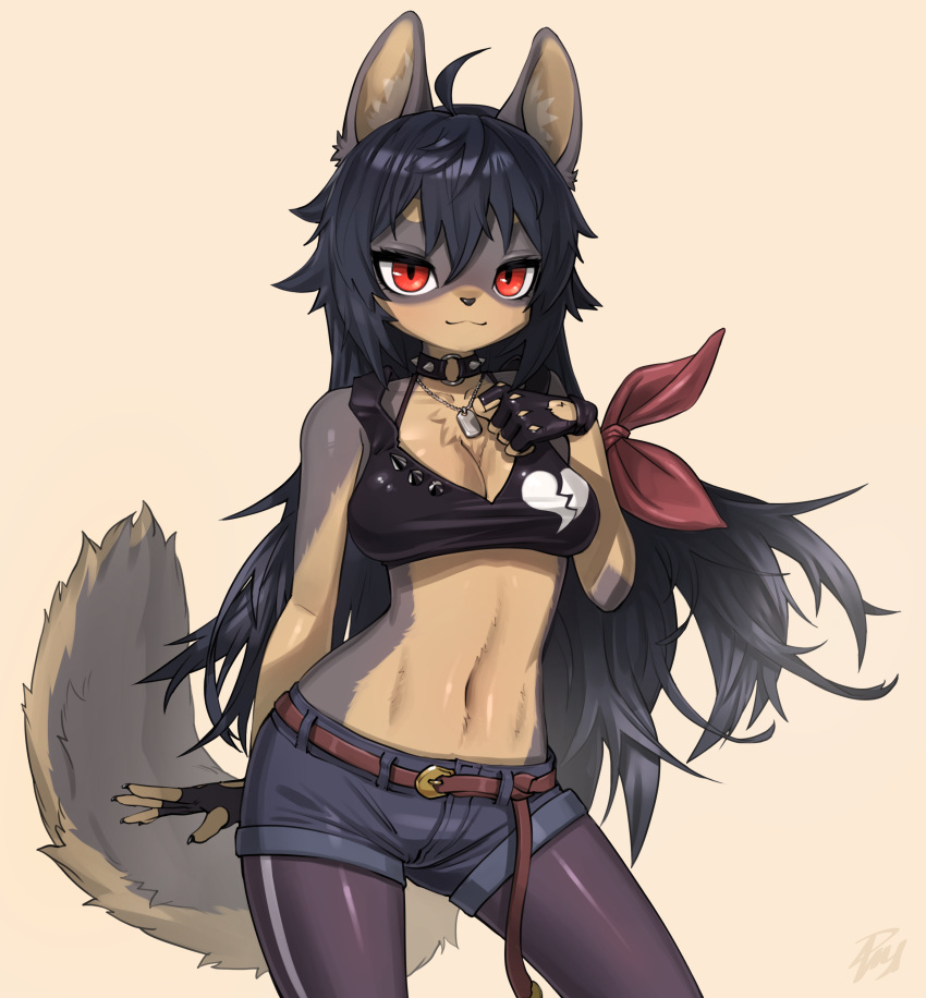 2023 5_fingers absurd_res ahoge anthro belt black_hair bottomwear breasts canid canine canis choker claws cleavage clothed clothing countershading cutoffs denim denim_clothing digital_media_(artwork) dog_tags facial_markings female female_anthro finger_claws fingerless_gloves fingers fur gloves grey_body grey_fur hair handwear head_markings hi_res jewelry kemono legwear long_hair looking_at_viewer mammal markings mask_(marking) midriff multicolored_body multicolored_fur necklace phiny portrait red_eyes shorts solo stockings tail tan_body tan_fur three-quarter_portrait topwear two_tone_body two_tone_fur wolf