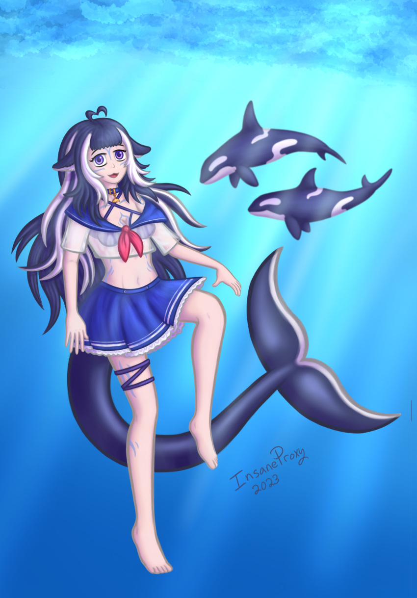 ambiguous_gender animal_humanoid background_character blue_hair bottomwear cetacean cetacean_humanoid clothing dolphin female feral group hair hi_res humanoid insaneproxy_(artist) mammal marine marine_humanoid oceanic_dolphin open_mouth orca orca_humanoid purple_eyes shylily skirt tail toothed_whale trio vtuber vtuberfanart