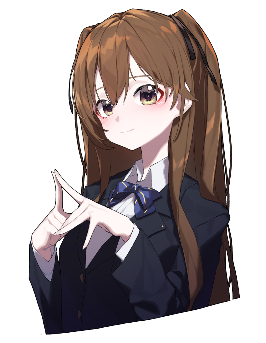 1girl absurdres beudelb black_jacket black_ribbon blazer blue_bow blue_bowtie bow bowtie braid brown_hair closed_mouth collared_shirt commission hair_between_eyes hair_ribbon highres jacket long_hair looking_at_viewer ogiso_setsuna pixiv_commission ribbon school_uniform shirt simple_background smile solo white_album_2 white_background yellow_eyes