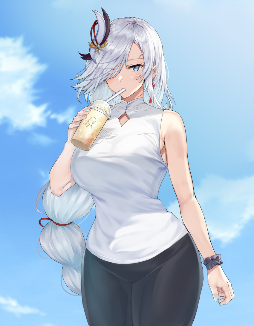 1girl absurdres bare_arms bare_shoulders black_pants blue_eyes blue_sky breasts cloud commentary cowboy_shot cup day disposable_cup drinking genshin_impact hair_ornament hair_over_one_eye highres holding holding_cup large_breasts leggings long_braid long_hair pants shenhe_(genshin_impact) shirt sky sleeveless sleeveless_shirt solo thighs very_long_hair white_(user_gpgw2383) white_hair white_shirt