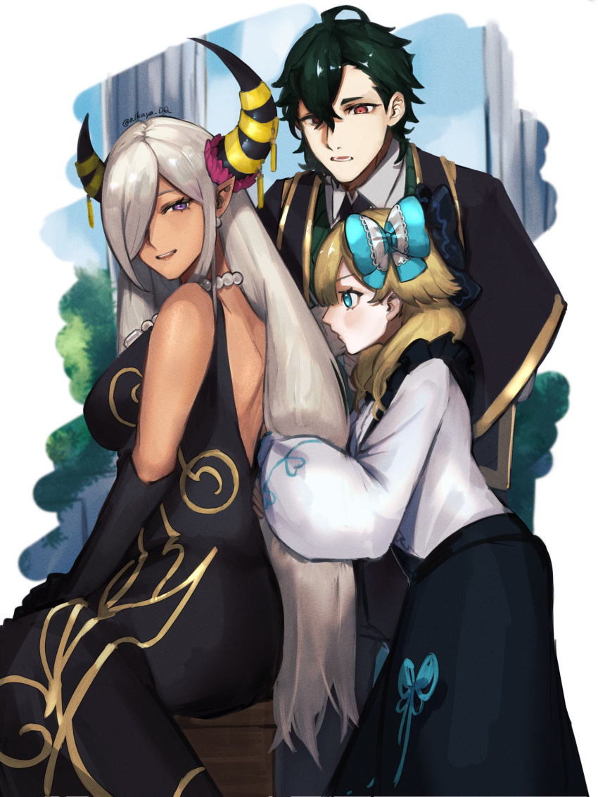 1boy 2girls backless_dress backless_outfit black_dress black_gloves blonde_hair blue_eyes dress elbow_gloves fire_emblem fire_emblem_engage gloves gregory_(fire_emblem) hair_ribbon highres horn_ornament horns jewelry long_hair long_skirt long_sleeves looking_at_another madeline_(fire_emblem) multiple_girls necklace open_mouth pointy_ears purple_eyes red_eyes ribbon seinikuten shirt short_hair skirt very_long_hair white_hair white_shirt zelestia_(fire_emblem)