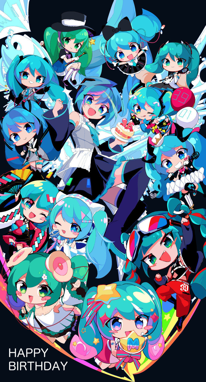 39 6+girls :&gt; :d :q ;d absurdres ahoge aqua_eyes aqua_hair arm_up asymmetrical_legwear balloon bare_shoulders bell belt black_background black_bow black_footwear black_headwear black_jacket black_skirt black_sleeves black_thighhighs blue_eyes blue_hair blue_necktie blush_stickers boots bow bowtie buttons cake chibi clown_mask cross-laced_footwear detached_sleeves double-breasted dress everyone fang flower folding_fan food frilled_skirt frills full_body gloves goggles goggles_on_head green_eyes green_hair grin hair_between_eyes hair_bow hair_flower hair_ornament hand_fan happy_birthday hat hat_ornament hatsune_miku hatsune_miku_happy_16th_birthday_-dear_creators- highres holding holding_bell holding_fan holding_microphone holding_plate holding_wand jacket japanese_clothes jewelry kasaki_sakura kimono lace-up_boots legs_together long_hair long_sleeves looking_at_viewer magical_mirai_(vocaloid) magical_mirai_miku magical_mirai_miku_(2013) magical_mirai_miku_(2014) magical_mirai_miku_(2015) magical_mirai_miku_(2016) magical_mirai_miku_(2017) magical_mirai_miku_(2018) magical_mirai_miku_(2019) magical_mirai_miku_(2020_summer) magical_mirai_miku_(2020_winter) magical_mirai_miku_(2021) magical_mirai_miku_(2022) magical_mirai_miku_(2023) magician mask microphone microphone_wand mini_hat mini_top_hat multicolored_eyes multicolored_hair multiple_girls navel necklace necktie off_shoulder one_eye_closed open_mouth pill pink_bow pink_dress pink_eyes pink_hair plate puffy_short_sleeves puffy_sleeves red_hair shirt short_sleeves simple_background skirt sleeveless sleeveless_dress sleeveless_shirt smile star_(symbol) star_hair_ornament star_hat_ornament striped striped_thighhighs thigh_boots thighhighs tongue tongue_out top_hat twintails two-tone_hair v_over_eye vertical-striped_thighhighs vertical_stripes very_long_hair vocaloid wand white_belt white_bow white_flower white_headwear white_shirt wide_sleeves yellow_bow