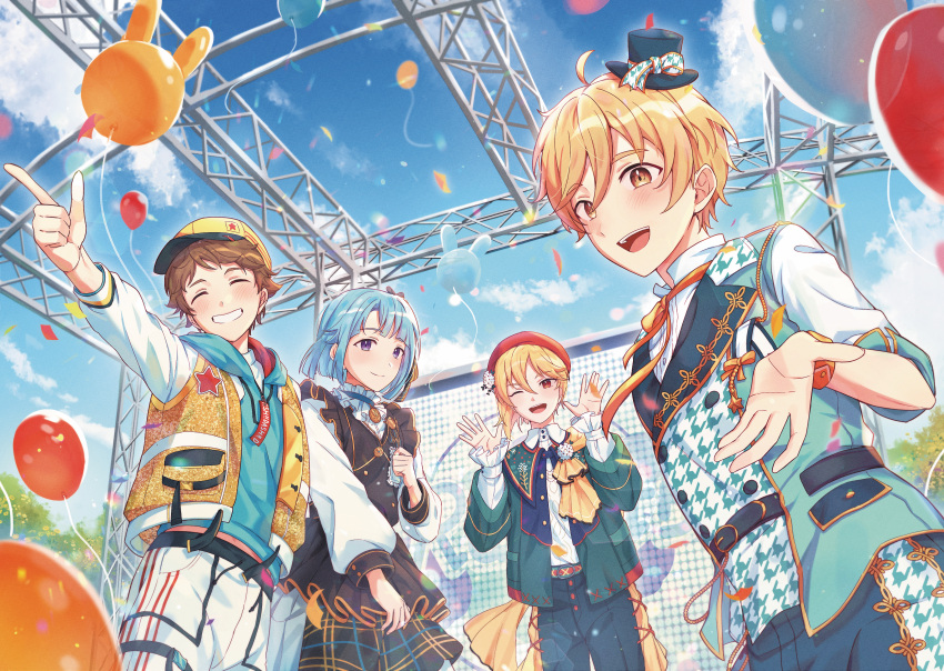 4boys absurdres aqua_hair balloon belt bishounen blonde_hair blue_sky closed_eyes collared_shirt ensemble_stars! finger_gun frilled_shirt_collar frilled_sleeves frills hair_between_eyes hands_up hat highres hood hoodie jacket light_blush looking_at_viewer male_focus mashiro_tomoya midriff_peek mini_hat multiple_boys nito_nazuna one_eye_closed open_clothes open_jacket open_mouth outdoors palms shino_hajime shirt sky sleeves_rolled_up smile stage star_(symbol) teeth tenma_mitsuru upper_teeth_only wldms5172 yellow_eyes yellow_headwear